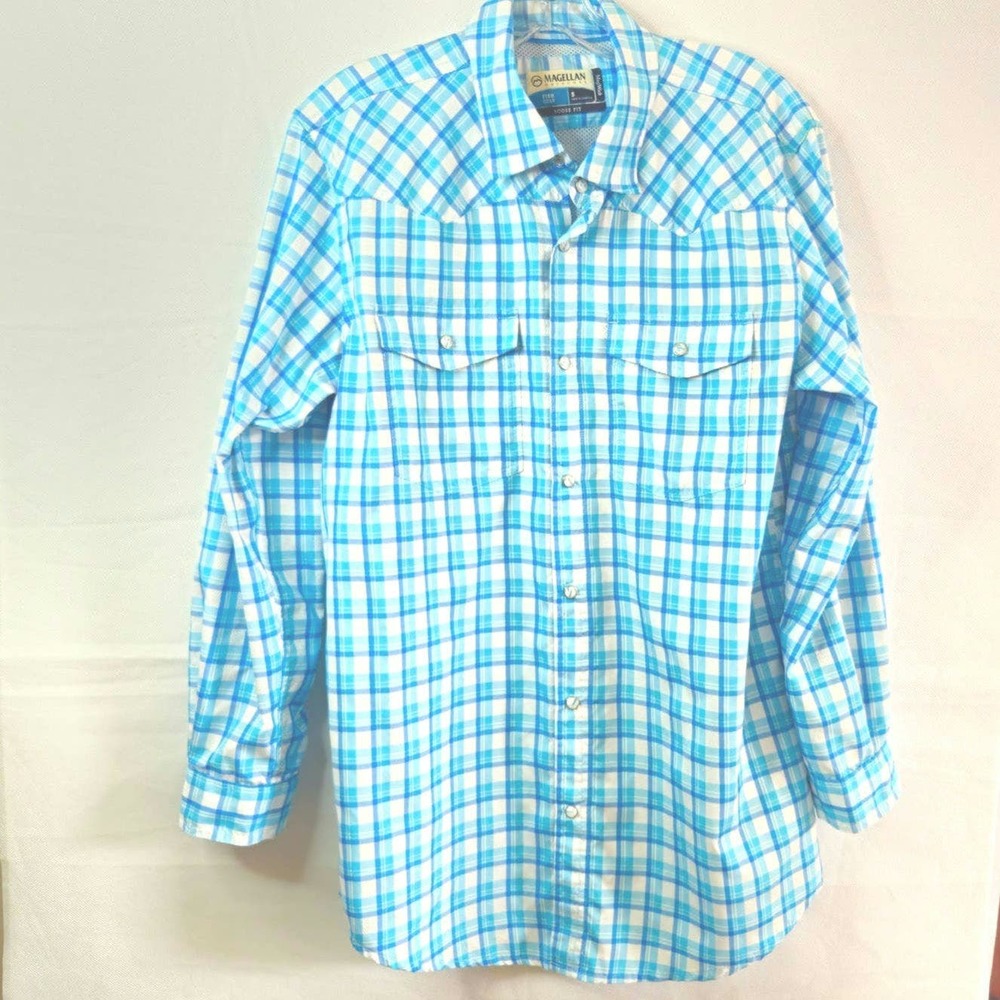 Magellan Men's Shirt Size Small Fish Gear Loose Fit Blue White Check Long Sleeve